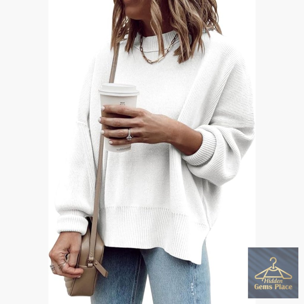 Oversized Ribbed Knit Pullover Sweater With Side Slit Tunic Length